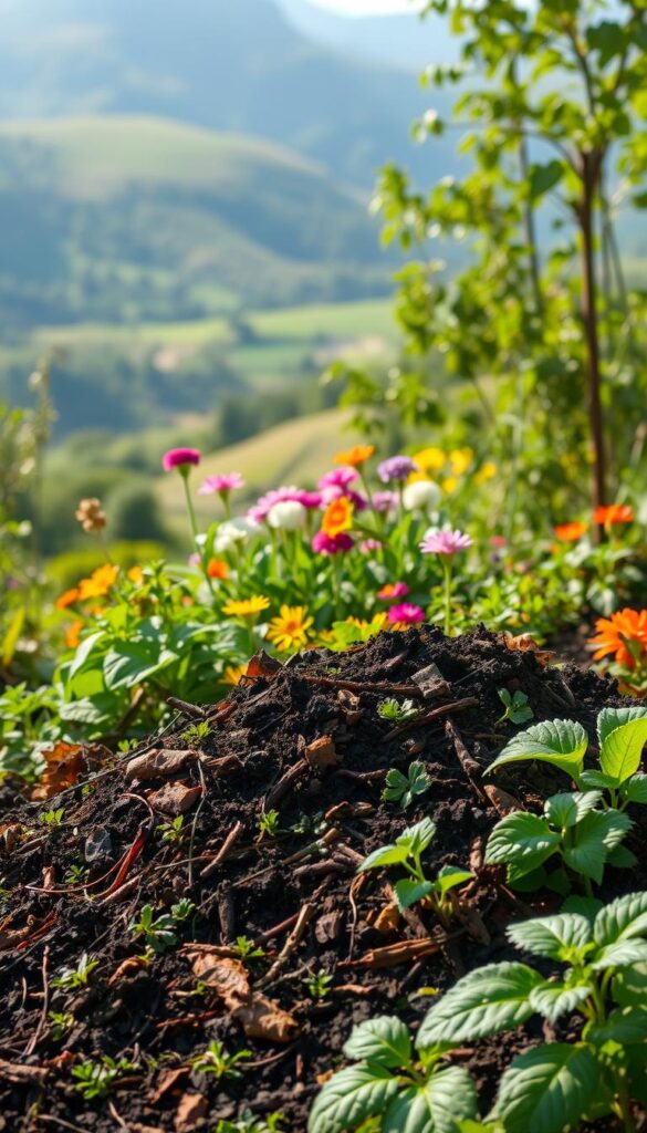 A vibrant, lush garden setting with a compost pile in the foreground, surrounded by thriving plants and a diverse array of natural elements. The compost pile should be teeming with life, showcasing the various stages of decomposition and the rich, dark soil produced. In the middle ground, colorful flowers, herbs, and vegetables emerge, highlighting the benefits of using the nutrient-dense compost. The background should depict a serene, sun-dappled landscape, with rolling hills or a tranquil forest setting, conveying a sense of harmony and environmental balance. The lighting should be natural and warm, casting a gentle glow over the scene, emphasizing the organic and sustainable nature of the composting process. A vibrant, lush garden setting with a compost pile in the foreground, surrounded by thriving plants and a diverse array of natural elements. The compost pile should be teeming with life, showcasing the various stages of decomposition and the rich, dark soil produced. In the middle ground, colorful flowers, herbs, and vegetables emerge, highlighting the benefits of using the nutrient-dense compost. The background should depict a serene, sun-dappled landscape, with rolling hills or a tranquil forest setting, conveying a sense of harmony and environmental balance. The lighting should be natural and warm, casting a gentle glow over the scene, emphasizing the organic and sustainable nature of the composting process.