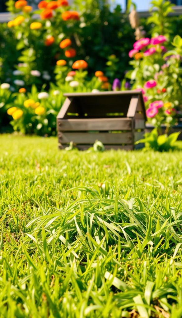 A vibrant, lush lawn with freshly mowed grass clippings scattered across the surface. In the foreground, a pile of the green trimmings, neatly arranged, with rays of warm sunlight filtering through. In the middle ground, a small compost bin, its wooden slats weathered, inviting the clippings to be deposited and transformed into nutrient-rich soil. The background features a verdant garden, blooming with vibrant flowers and thriving plants, hinting at the future potential of the composted grass. The scene is captured with a shallow depth of field, drawing the viewer's eye to the focal point of the composting process, while the surroundings provide a sense of context and harmony. A vibrant, lush lawn with freshly mowed grass clippings scattered across the surface. In the foreground, a pile of the green trimmings, neatly arranged, with rays of warm sunlight filtering through. In the middle ground, a small compost bin, its wooden slats weathered, inviting the clippings to be deposited and transformed into nutrient-rich soil. The background features a verdant garden, blooming with vibrant flowers and thriving plants, hinting at the future potential of the composted grass. The scene is captured with a shallow depth of field, drawing the viewer's eye to the focal point of the composting process, while the surroundings provide a sense of context and harmony.