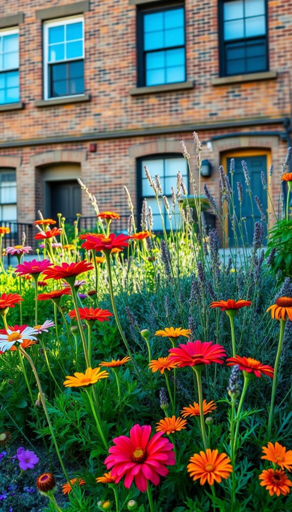 A vibrant urban garden, bathed in warm afternoon sunlight. In the foreground, a lush arrangement of resilient, colorful flowers - bold zinnias, delicate cosmos, and cheerful marigolds sway gently in a light breeze. The middle ground features a mix of hearty, drought-tolerant plants like lavender and rosemary, their fragrant blooms and silvery foliage adding depth and texture. In the background, the façade of a weathered brick building provides a striking urban backdrop, its windows and doorways framing the verdant scene. The overall composition conveys a sense of resilience, vitality, and the harmonious coexistence of nature and the built environment. A vibrant urban garden, bathed in warm afternoon sunlight. In the foreground, a lush arrangement of resilient, colorful flowers - bold zinnias, delicate cosmos, and cheerful marigolds sway gently in a light breeze. The middle ground features a mix of hearty, drought-tolerant plants like lavender and rosemary, their fragrant blooms and silvery foliage adding depth and texture. In the background, the façade of a weathered brick building provides a striking urban backdrop, its windows and doorways framing the verdant scene. The overall composition conveys a sense of resilience, vitality, and the harmonious coexistence of nature and the built environment.