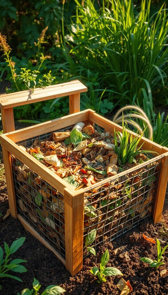 A vibrant, well-lit scene of a homemade composting bin, showcasing the natural process of organic waste decomposition. The bin, made of wood and wire mesh, sits atop a bed of soil in a lush, verdant garden. Diverse layers of kitchen scraps, leaves, and grass clippings are visible, intermingled with thriving colonies of decomposer organisms. Warm, golden sunlight filters through the greenery, casting a soft, naturalistic glow on the scene. The overall atmosphere conveys a sense of harmony, sustainability, and the cyclical nature of life. A vibrant, well-lit scene of a homemade composting bin, showcasing the natural process of organic waste decomposition. The bin, made of wood and wire mesh, sits atop a bed of soil in a lush, verdant garden. Diverse layers of kitchen scraps, leaves, and grass clippings are visible, intermingled with thriving colonies of decomposer organisms. Warm, golden sunlight filters through the greenery, casting a soft, naturalistic glow on the scene. The overall atmosphere conveys a sense of harmony, sustainability, and the cyclical nature of life.