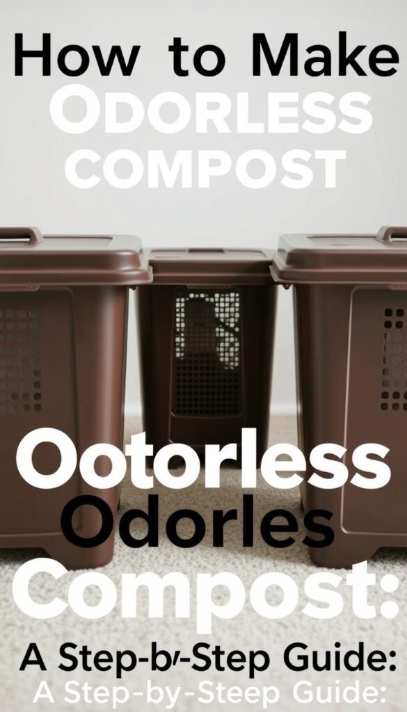 A well-lit, close-up photograph of a group of three different-sized, rectangular composting bins made of dark brown or black plastic, arranged in a row on a light-colored, textured surface. The bins have perforated sides and lids, allowing for airflow and visibility of the compost contents. The scene has a clean, minimalist aesthetic, with soft shadows and subtle highlights emphasizing the practical, functional design of the composting containers. The overall mood is one of efficiency, organization, and environmental responsibility, fitting the topic of "How to Make Odorless Compost: A Step-by-Step Guide". A well-lit, close-up photograph of a group of three different-sized, rectangular composting bins made of dark brown or black plastic, arranged in a row on a light-colored, textured surface. The bins have perforated sides and lids, allowing for airflow and visibility of the compost contents. The scene has a clean, minimalist aesthetic, with soft shadows and subtle highlights emphasizing the practical, functional design of the composting containers. The overall mood is one of efficiency, organization, and environmental responsibility, fitting the topic of "How to Make Odorless Compost: A Step-by-Step Guide".