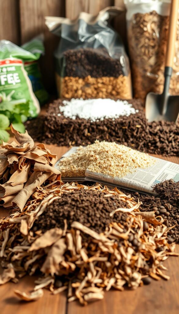 A well-lit, close-up photograph of an assortment of composting materials laid out on a wooden surface. In the foreground, a pile of dried leaves, shredded newspaper, and coffee grounds. In the middle ground, a compost bin filled with layers of organic waste, soil, and a sprinkling of lime. In the background, a bag of wood chips and a shovel. The lighting is natural and soft, creating a warm, earthy tone. The overall composition emphasizes the key elements needed for an efficient, odor-free compost system. A well-lit, close-up photograph of an assortment of composting materials laid out on a wooden surface. In the foreground, a pile of dried leaves, shredded newspaper, and coffee grounds. In the middle ground, a compost bin filled with layers of organic waste, soil, and a sprinkling of lime. In the background, a bag of wood chips and a shovel. The lighting is natural and soft, creating a warm, earthy tone. The overall composition emphasizes the key elements needed for an efficient, odor-free compost system.