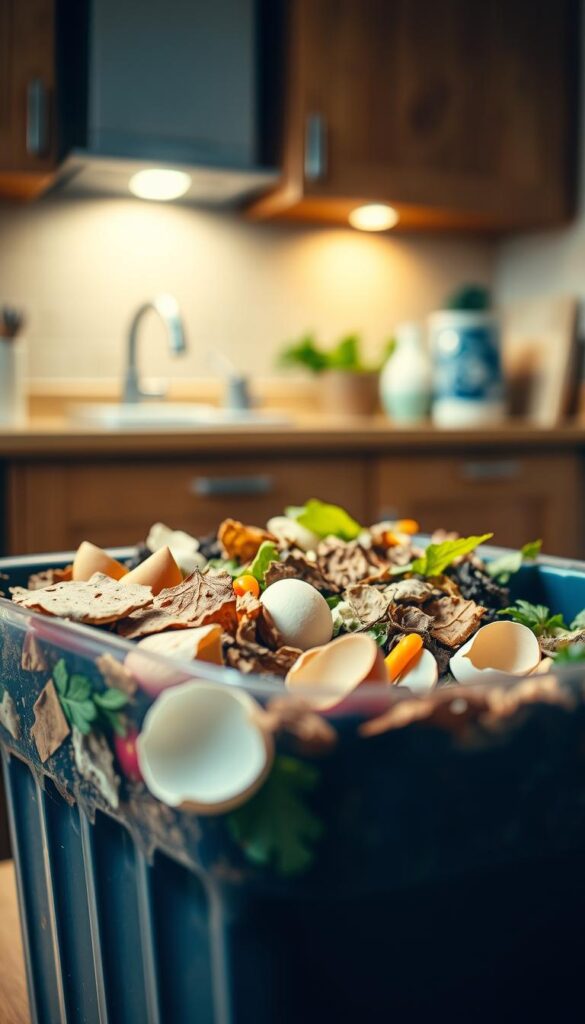 A well-lit, close-up view of a household composting bin, showcasing the various stages of organic waste decomposition. The bin is positioned in a warm, natural-lit kitchen setting, with a tidy countertop and minimalist decor in the background. The foreground features vibrant, diverse organic materials - from fruit and vegetable scraps to dried leaves and eggshells - layered neatly within the bin. Soft, diffused lighting from overhead emphasizes the rich, earthy tones and textures of the composting process. The overall scene conveys a sense of simplicity, sustainability, and the satisfying cycle of transforming household waste into nutrient-rich soil. A well-lit, close-up view of a household composting bin, showcasing the various stages of organic waste decomposition. The bin is positioned in a warm, natural-lit kitchen setting, with a tidy countertop and minimalist decor in the background. The foreground features vibrant, diverse organic materials - from fruit and vegetable scraps to dried leaves and eggshells - layered neatly within the bin. Soft, diffused lighting from overhead emphasizes the rich, earthy tones and textures of the composting process. The overall scene conveys a sense of simplicity, sustainability, and the satisfying cycle of transforming household waste into nutrient-rich soil.