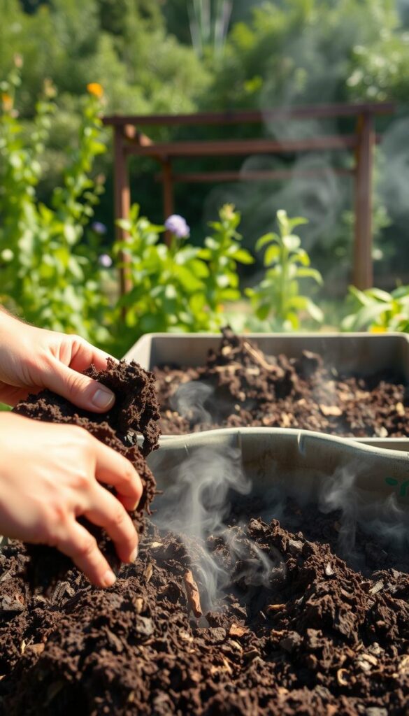 A well-lit, detailed composition showcasing the techniques of proper aeration for an active compost pile. In the foreground, a person's hands carefully turning and mixing the organic matter, revealing the rich, dark humus beneath. In the middle ground, an open compost bin filled with decomposing plant material, steam gently rising as the microbes work. In the background, a lush garden setting with vibrant greenery provides a natural, serene backdrop. The scene conveys the diligence and care required for successful composting, with a focus on the crucial aeration process that ensures a thriving, odor-free compost system. A well-lit, detailed composition showcasing the techniques of proper aeration for an active compost pile. In the foreground, a person's hands carefully turning and mixing the organic matter, revealing the rich, dark humus beneath. In the middle ground, an open compost bin filled with decomposing plant material, steam gently rising as the microbes work. In the background, a lush garden setting with vibrant greenery provides a natural, serene backdrop. The scene conveys the diligence and care required for successful composting, with a focus on the crucial aeration process that ensures a thriving, odor-free compost system.