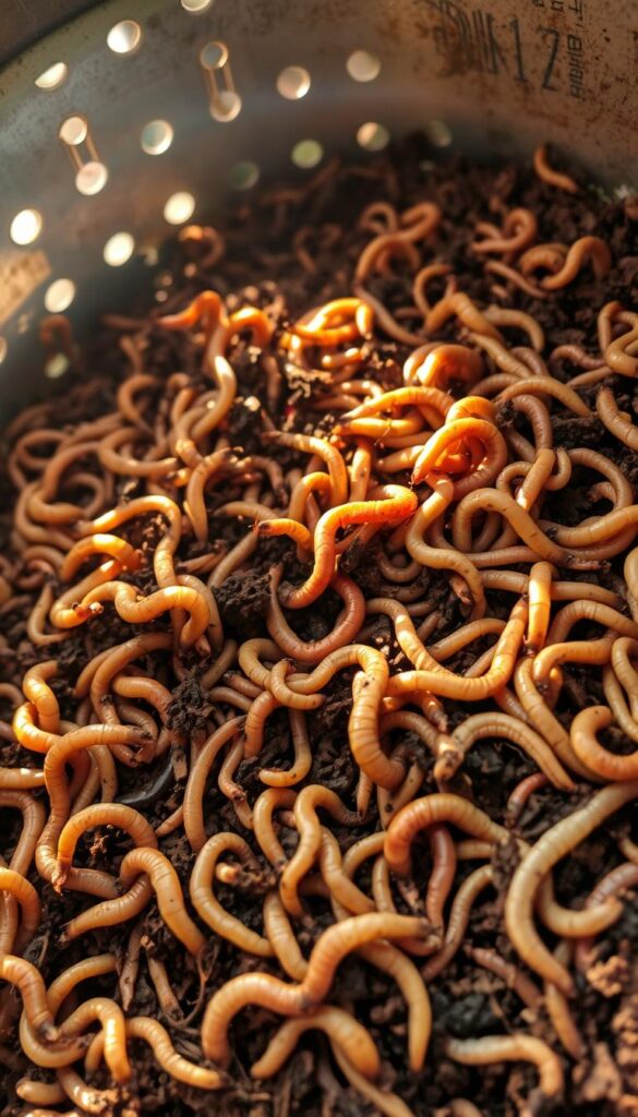 A well-lit, detailed scene of a composting bin filled with healthy, wriggling earthworms. The vermiculture colony is thriving, with plump, lustrous worms burrowing through the rich, aerated soil. The bin's perforated sides allow for optimal airflow, ensuring a balanced, odorless decomposition process. Sunlight filters in, casting a warm, natural glow over the scene. The overall mood is one of harmony and productivity, showcasing the vital role of these humble decomposers in creating nutrient-dense compost for healthy plant growth. A well-lit, detailed scene of a composting bin filled with healthy, wriggling earthworms. The vermiculture colony is thriving, with plump, lustrous worms burrowing through the rich, aerated soil. The bin's perforated sides allow for optimal airflow, ensuring a balanced, odorless decomposition process. Sunlight filters in, casting a warm, natural glow over the scene. The overall mood is one of harmony and productivity, showcasing the vital role of these humble decomposers in creating nutrient-dense compost for healthy plant growth.