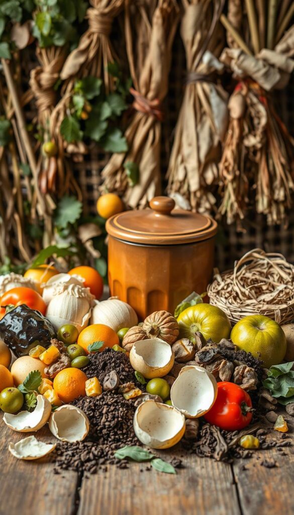 A well-lit, detailed still life composition showcasing a variety of common household compost materials. In the foreground, an array of fresh fruit and vegetable scraps, eggshells, and coffee grounds are artfully arranged on a rustic wooden table. The middle ground features a small ceramic compost bin, its lid slightly ajar to reveal the beginnings of decomposition. In the background, bundles of dried leaves, shredded paper, and other organic matter cascade down, creating a lush, naturalistic setting. The lighting is soft and natural, highlighting the textures and colors of the compost ingredients. The overall mood is one of environmental awareness and sustainable living. A well-lit, detailed still life composition showcasing a variety of common household compost materials. In the foreground, an array of fresh fruit and vegetable scraps, eggshells, and coffee grounds are artfully arranged on a rustic wooden table. The middle ground features a small ceramic compost bin, its lid slightly ajar to reveal the beginnings of decomposition. In the background, bundles of dried leaves, shredded paper, and other organic matter cascade down, creating a lush, naturalistic setting. The lighting is soft and natural, highlighting the textures and colors of the compost ingredients. The overall mood is one of environmental awareness and sustainable living.