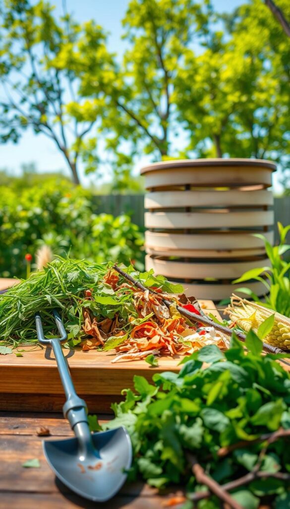A well-organized and clean composting station in a bright, airy garden. In the foreground, a variety of organic materials - freshly cut grass, shredded leaves, vegetable scraps, and twigs - are neatly arranged on a sturdy wooden table. A metal pitchfork and a small shovel stand ready for mixing and turning the materials. In the middle ground, a large, cylindrical compost bin sits on a level surface, its slats allowing airflow. The background features lush, verdant foliage and a clear blue sky, creating a serene, natural atmosphere conducive to sustainable gardening practices. A well-organized and clean composting station in a bright, airy garden. In the foreground, a variety of organic materials - freshly cut grass, shredded leaves, vegetable scraps, and twigs - are neatly arranged on a sturdy wooden table. A metal pitchfork and a small shovel stand ready for mixing and turning the materials. In the middle ground, a large, cylindrical compost bin sits on a level surface, its slats allowing airflow. The background features lush, verdant foliage and a clear blue sky, creating a serene, natural atmosphere conducive to sustainable gardening practices.