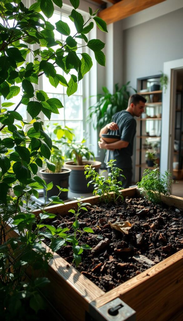 Domestic composting process: a verdant indoor garden scene, sunlight streaming through large windows, illuminating a wooden composting bin filled with rich, dark soil and decaying organic matter. In the foreground, lush houseplants and herbs thrive, their leaves rustling gently. In the middle ground, a person mindfully tends to the compost, examining the contents with a focused expression. The background features shelves of gardening supplies and a glimpse of an adjacent room, creating a serene, educational atmosphere. Soft, diffused lighting and a muted color palette evoke a sense of tranquility and environmental harmony. Domestic composting process: a verdant indoor garden scene, sunlight streaming through large windows, illuminating a wooden composting bin filled with rich, dark soil and decaying organic matter. In the foreground, lush houseplants and herbs thrive, their leaves rustling gently. In the middle ground, a person mindfully tends to the compost, examining the contents with a focused expression. The background features shelves of gardening supplies and a glimpse of an adjacent room, creating a serene, educational atmosphere. Soft, diffused lighting and a muted color palette evoke a sense of tranquility and environmental harmony.