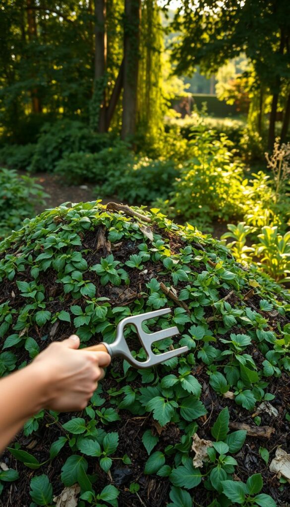 Lush green compost pile amidst a serene garden landscape, sunlight filtering through the trees, casting warm shadows. Layers of decomposing organic matter, rich in nutrients, teeming with diverse microorganisms. In the foreground, a person gently turning the pile with a pitchfork, monitoring the process. A sense of tranquility and environmental stewardship pervades the scene. The image evokes the sustainable cycle of waste reduction and natural recycling, a harmonious integration of human activity and ecological systems. Lush green compost pile amidst a serene garden landscape, sunlight filtering through the trees, casting warm shadows. Layers of decomposing organic matter, rich in nutrients, teeming with diverse microorganisms. In the foreground, a person gently turning the pile with a pitchfork, monitoring the process. A sense of tranquility and environmental stewardship pervades the scene. The image evokes the sustainable cycle of waste reduction and natural recycling, a harmonious integration of human activity and ecological systems.