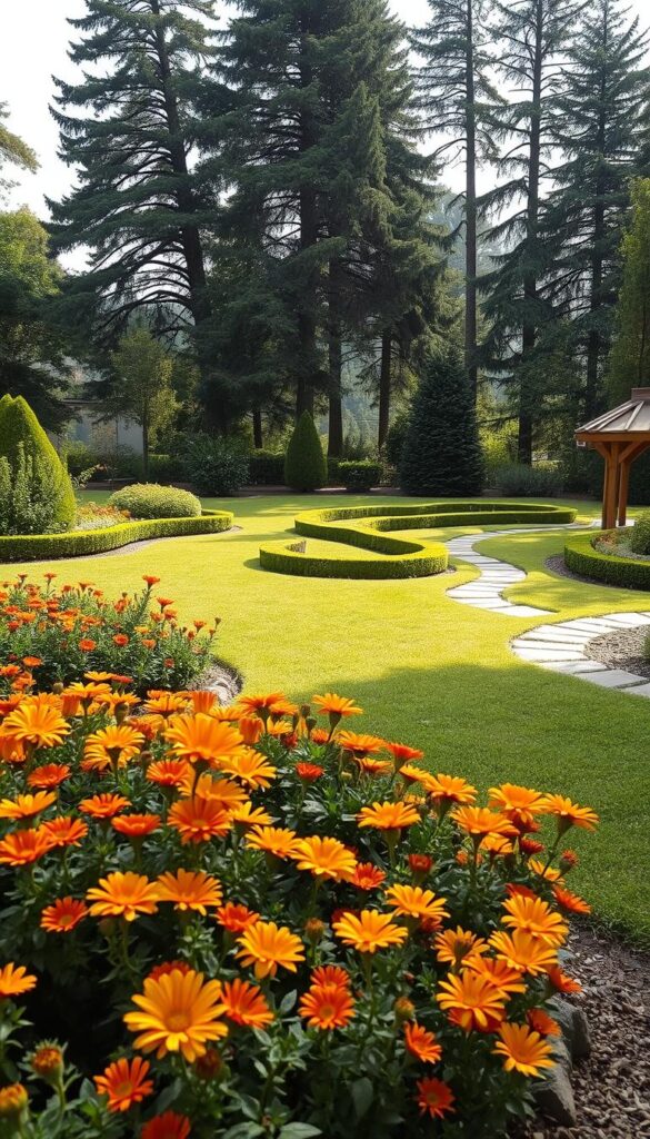 A beautifully planned garden with a serene, natural atmosphere. In the foreground, a lush, colorful flowerbed with a variety of blooms in warm hues. The middle ground features a well-manicured lawn, dotted with neatly trimmed hedges and a meandering stone pathway. In the background, a picturesque backdrop of tall, mature trees casting soft, dappled shadows across the scene. The lighting is soft and diffused, creating a calming, inviting ambiance. Capture this tranquil garden landscape with a wide-angle lens, showcasing the thoughtful planning and harmonious integration of its elements. A beautifully planned garden with a serene, natural atmosphere. In the foreground, a lush, colorful flowerbed with a variety of blooms in warm hues. The middle ground features a well-manicured lawn, dotted with neatly trimmed hedges and a meandering stone pathway. In the background, a picturesque backdrop of tall, mature trees casting soft, dappled shadows across the scene. The lighting is soft and diffused, creating a calming, inviting ambiance. Capture this tranquil garden landscape with a wide-angle lens, showcasing the thoughtful planning and harmonious integration of its elements.