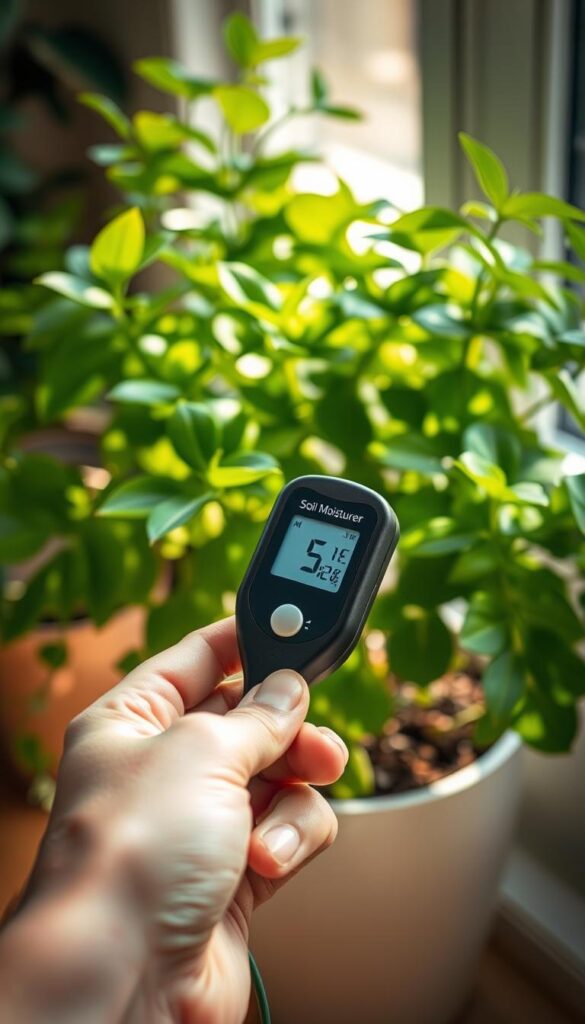 A close-up shot of a hand holding a digital soil moisture sensor, probing the surface of a potted plant's soil. The sensor's LCD display shows the current moisture level. In the background, a lush, verdant houseplant fills the frame, its leaves casting soft shadows. Warm, diffused natural lighting filters through a nearby window, creating a tranquil, earthy atmosphere. The composition emphasizes the importance of regularly monitoring soil moisture to prevent overwatering, a crucial step in maintaining the health of indoor plants. A close-up shot of a hand holding a digital soil moisture sensor, probing the surface of a potted plant's soil. The sensor's LCD display shows the current moisture level. In the background, a lush, verdant houseplant fills the frame, its leaves casting soft shadows. Warm, diffused natural lighting filters through a nearby window, creating a tranquil, earthy atmosphere. The composition emphasizes the importance of regularly monitoring soil moisture to prevent overwatering, a crucial step in maintaining the health of indoor plants.
