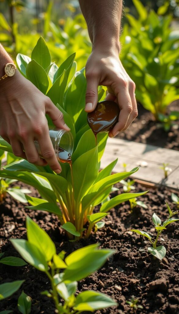 A close-up view of a gardener's hands carefully applying liquid compost to the soil around the base of a healthy, vibrant plant. The sunlight filters through the lush foliage, casting a warm, natural glow over the scene. The plant's leaves are a deep, verdant green, suggesting the nourishing effects of the compost. In the background, a backdrop of other thriving plants and a well-tended garden bed create a serene, verdant atmosphere. The image conveys the care and attention involved in utilizing the benefits of composted tea leaves to enrich and nourish the soil, supporting the growth of lush, vibrant plants. A close-up view of a gardener's hands carefully applying liquid compost to the soil around the base of a healthy, vibrant plant. The sunlight filters through the lush foliage, casting a warm, natural glow over the scene. The plant's leaves are a deep, verdant green, suggesting the nourishing effects of the compost. In the background, a backdrop of other thriving plants and a well-tended garden bed create a serene, verdant atmosphere. The image conveys the care and attention involved in utilizing the benefits of composted tea leaves to enrich and nourish the soil, supporting the growth of lush, vibrant plants.