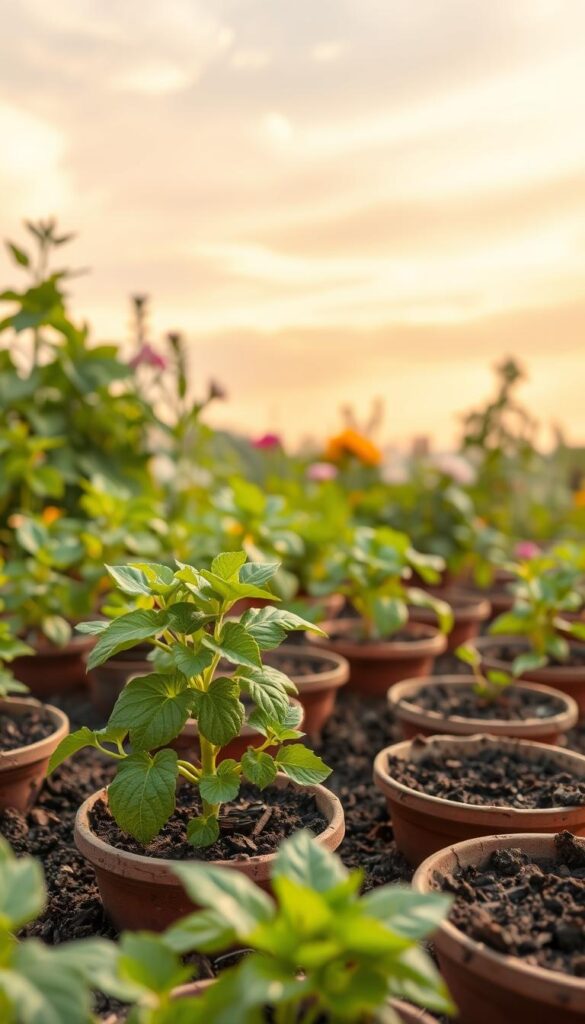 A lush, healthy garden with thriving potted plants sits in the foreground, their soil rich and dark with freshly added compost. The potted plants are arranged in a visually appealing layout, creating a sense of harmony and balance. In the middle ground, a gentle breeze rustles the leaves of the surrounding plants, which are a mix of vibrant greens and colorful blooms. The background features a warm, golden-hued sky with soft, wispy clouds, creating a serene and inviting atmosphere. The entire scene is bathed in natural, soft lighting, highlighting the vitality and beauty of the healthy, compost-enriched garden. A lush, healthy garden with thriving potted plants sits in the foreground, their soil rich and dark with freshly added compost. The potted plants are arranged in a visually appealing layout, creating a sense of harmony and balance. In the middle ground, a gentle breeze rustles the leaves of the surrounding plants, which are a mix of vibrant greens and colorful blooms. The background features a warm, golden-hued sky with soft, wispy clouds, creating a serene and inviting atmosphere. The entire scene is bathed in natural, soft lighting, highlighting the vitality and beauty of the healthy, compost-enriched garden.