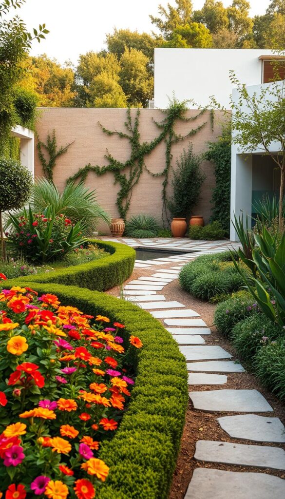 A lush, naturalistic garden with a focus on various garden styles. In the foreground, a traditional English-style border with vibrant flowers, meticulously trimmed hedges, and a winding stone path. In the middle ground, a Mediterranean-inspired courtyard with terracotta pots, trailing vines, and a small water feature. In the background, a modern minimalist area with clean lines, textured materials like wood and stone, and carefully placed greenery. Warm, diffused natural lighting casts a serene, inviting atmosphere across the entire scene. Captured with a wide-angle lens to showcase the different garden styles and design elements. A lush, naturalistic garden with a focus on various garden styles. In the foreground, a traditional English-style border with vibrant flowers, meticulously trimmed hedges, and a winding stone path. In the middle ground, a Mediterranean-inspired courtyard with terracotta pots, trailing vines, and a small water feature. In the background, a modern minimalist area with clean lines, textured materials like wood and stone, and carefully placed greenery. Warm, diffused natural lighting casts a serene, inviting atmosphere across the entire scene. Captured with a wide-angle lens to showcase the different garden styles and design elements.