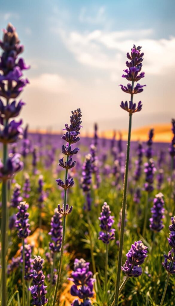 A lush, sun-drenched field of vibrant lavender plants, their delicate purple blooms swaying gently in a warm breeze. In the foreground, several stalks stand tall, their slender stems and velvety petals captured in crisp, high-resolution detail. The middle ground reveals a broader expanse of the lavender patch, its undulating waves of color stretching towards the horizon. In the background, a hazy, golden-tinged sky adds a tranquil, serene atmosphere, with wispy clouds drifting overhead. The lighting is soft and diffused, creating a warm, natural glow that highlights the unique textures and hues of the lavender. Captured with a wide-angle lens to convey a sense of depth and expansiveness, this image perfectly encapsulates the beauty, aroma, and resilience of lavender in dry, arid conditions. A lush, sun-drenched field of vibrant lavender plants, their delicate purple blooms swaying gently in a warm breeze. In the foreground, several stalks stand tall, their slender stems and velvety petals captured in crisp, high-resolution detail. The middle ground reveals a broader expanse of the lavender patch, its undulating waves of color stretching towards the horizon. In the background, a hazy, golden-tinged sky adds a tranquil, serene atmosphere, with wispy clouds drifting overhead. The lighting is soft and diffused, creating a warm, natural glow that highlights the unique textures and hues of the lavender. Captured with a wide-angle lens to convey a sense of depth and expansiveness, this image perfectly encapsulates the beauty, aroma, and resilience of lavender in dry, arid conditions.