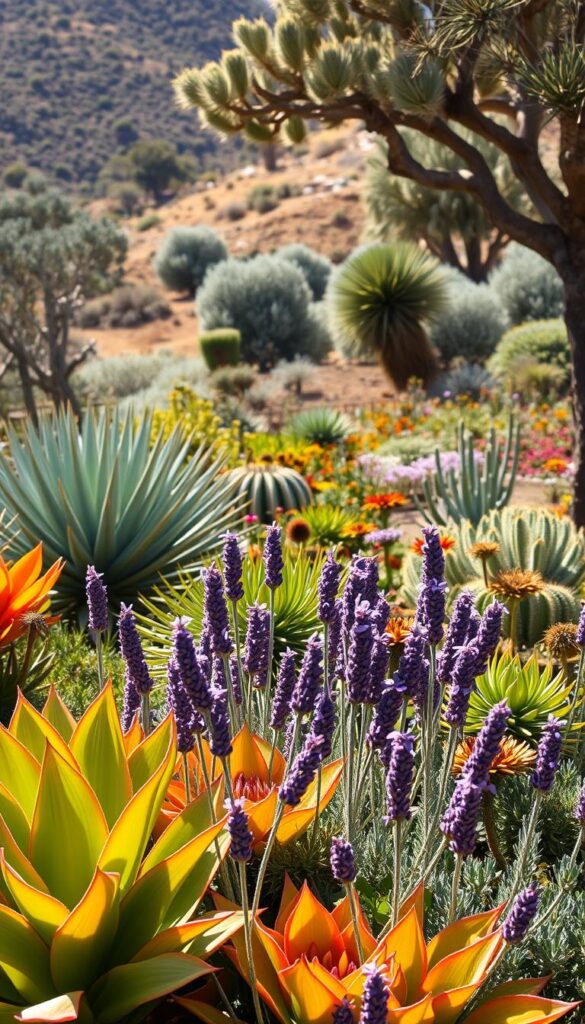 A lush, sun-drenched garden filled with a vibrant selection of drought-resistant plants. In the foreground, a cluster of bold, colorful succulents stretch their fleshy leaves towards the warm sunlight. Interspersed among them, delicate lavender stalks sway gently in a light breeze. In the middle ground, a mix of hardy, low-water perennials like agave, yucca, and Echinacea create a visually striking tapestry. The background features a gently rolling hillside, dotted with the silvery-green foliage of olive trees and the dense, feathery fronds of drought-tolerant palm species. The scene is bathed in a soft, golden glow, captured through the lens of a wide-angle camera, conveying a sense of tranquility and resilience in the face of arid conditions. A lush, sun-drenched garden filled with a vibrant selection of drought-resistant plants. In the foreground, a cluster of bold, colorful succulents stretch their fleshy leaves towards the warm sunlight. Interspersed among them, delicate lavender stalks sway gently in a light breeze. In the middle ground, a mix of hardy, low-water perennials like agave, yucca, and Echinacea create a visually striking tapestry. The background features a gently rolling hillside, dotted with the silvery-green foliage of olive trees and the dense, feathery fronds of drought-tolerant palm species. The scene is bathed in a soft, golden glow, captured through the lens of a wide-angle camera, conveying a sense of tranquility and resilience in the face of arid conditions.