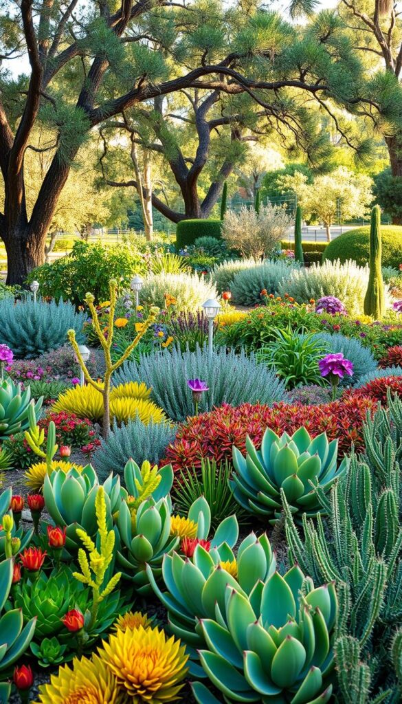 A lush, sustainable garden filled with drought-resistant plants. In the foreground, vibrant succulents and cacti in varying shapes and hues dot the landscape. In the middle ground, hearty, low-maintenance shrubs and perennials sway gently in a warm breeze. The background features a mix of native, hardy trees providing dappled shade. The scene is bathed in soft, natural lighting, creating a serene and tranquil atmosphere. The overall composition emphasizes the beauty and resilience of these water-wise plants, perfectly suited for a climate-conscious, low-maintenance garden. A lush, sustainable garden filled with drought-resistant plants. In the foreground, vibrant succulents and cacti in varying shapes and hues dot the landscape. In the middle ground, hearty, low-maintenance shrubs and perennials sway gently in a warm breeze. The background features a mix of native, hardy trees providing dappled shade. The scene is bathed in soft, natural lighting, creating a serene and tranquil atmosphere. The overall composition emphasizes the beauty and resilience of these water-wise plants, perfectly suited for a climate-conscious, low-maintenance garden.
