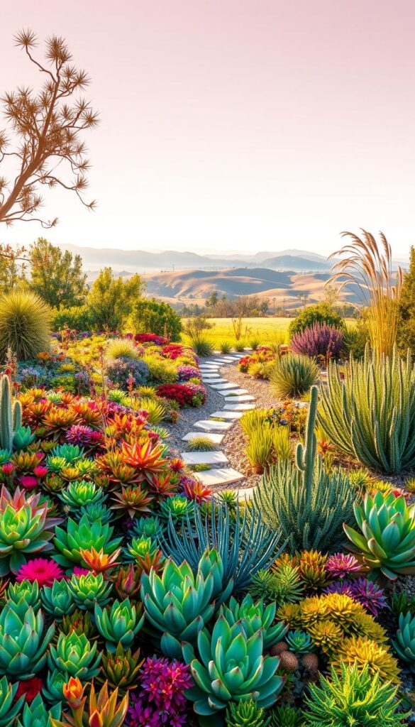 A lush, sustainable garden thriving with drought-resistant flora. In the foreground, a vibrant assortment of colorful succulents and cacti arranged in a visually striking pattern. In the middle ground, a small, meandering path winds through a mix of low-growing, hardy perennials and grasses, their delicate foliage swaying gently in the breeze. The background features a tranquil, sun-dappled landscape with rolling hills and a distant, hazy horizon, creating a sense of depth and serenity. The lighting is soft and warm, casting a golden glow over the entire scene, emphasizing the garden's resilience and natural beauty. Captured with a wide-angle lens to showcase the expansive, harmonious design. A lush, sustainable garden thriving with drought-resistant flora. In the foreground, a vibrant assortment of colorful succulents and cacti arranged in a visually striking pattern. In the middle ground, a small, meandering path winds through a mix of low-growing, hardy perennials and grasses, their delicate foliage swaying gently in the breeze. The background features a tranquil, sun-dappled landscape with rolling hills and a distant, hazy horizon, creating a sense of depth and serenity. The lighting is soft and warm, casting a golden glow over the entire scene, emphasizing the garden's resilience and natural beauty. Captured with a wide-angle lens to showcase the expansive, harmonious design.