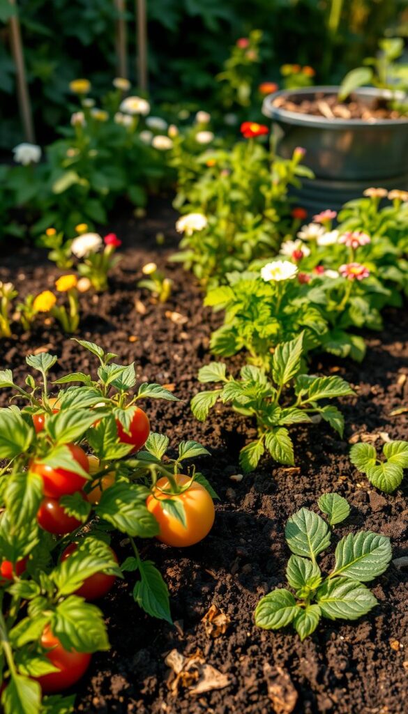 A lush, thriving garden bed showcases the benefits of nutrient-rich compost. In the foreground, plump tomato plants and verdant leafy greens flourish, their vibrant colors contrasting with the rich, dark soil. The middle ground reveals a variety of flowering plants, their petals unfurling under the warm, golden sunlight filtering through the scene. In the background, a well-maintained compost bin sits, its contents transforming into the life-giving material that nourishes the entire garden. The overall atmosphere is one of abundance, vitality, and the harmonious relationship between the soil, plants, and the gardener's nurturing touch. A lush, thriving garden bed showcases the benefits of nutrient-rich compost. In the foreground, plump tomato plants and verdant leafy greens flourish, their vibrant colors contrasting with the rich, dark soil. The middle ground reveals a variety of flowering plants, their petals unfurling under the warm, golden sunlight filtering through the scene. In the background, a well-maintained compost bin sits, its contents transforming into the life-giving material that nourishes the entire garden. The overall atmosphere is one of abundance, vitality, and the harmonious relationship between the soil, plants, and the gardener's nurturing touch.
