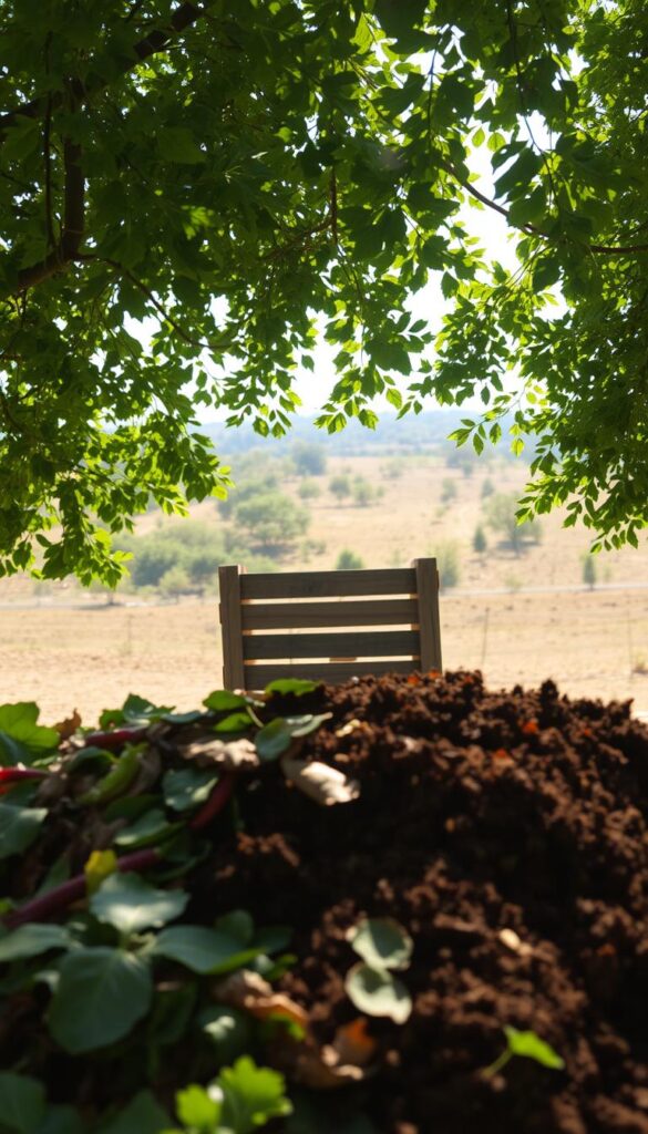 A lush, verdant composting heap in the foreground, composed of distinct layers of organic materials - fresh vegetable scraps, dried leaves, and rich, crumbly soil. Sunlight filters gently through the canopy of overhanging trees, casting a warm, natural glow on the scene. In the middle ground, a wooden compost bin stands, its slats weathered by time, inviting the viewer to observe the transformation of waste into nutrient-rich soil. The background features a rolling, hilly landscape, dotted with scattered trees and shrubs, creating a sense of tranquility and balance. The overall atmosphere evokes a harmonious, sustainable approach to food waste management. A lush, verdant composting heap in the foreground, composed of distinct layers of organic materials - fresh vegetable scraps, dried leaves, and rich, crumbly soil. Sunlight filters gently through the canopy of overhanging trees, casting a warm, natural glow on the scene. In the middle ground, a wooden compost bin stands, its slats weathered by time, inviting the viewer to observe the transformation of waste into nutrient-rich soil. The background features a rolling, hilly landscape, dotted with scattered trees and shrubs, creating a sense of tranquility and balance. The overall atmosphere evokes a harmonious, sustainable approach to food waste management.