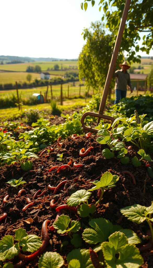 A lush, verdant garden bathed in warm, golden sunlight. In the foreground, a vibrant compost heap teeming with life - decomposing organic matter, earthworms, and thriving microorganisms. Surrounding it, flourishing plants and vegetables, their leaves glistening with dew. In the middle ground, a gardener carefully tends to the compost, mixing and aerating it with a wooden pitchfork. The background frames the scene with a picturesque rural landscape - rolling hills, a distant farmhouse, and a clear blue sky. The overall atmosphere is one of productivity, sustainability, and the harmony between nature and human stewardship. A lush, verdant garden bathed in warm, golden sunlight. In the foreground, a vibrant compost heap teeming with life - decomposing organic matter, earthworms, and thriving microorganisms. Surrounding it, flourishing plants and vegetables, their leaves glistening with dew. In the middle ground, a gardener carefully tends to the compost, mixing and aerating it with a wooden pitchfork. The background frames the scene with a picturesque rural landscape - rolling hills, a distant farmhouse, and a clear blue sky. The overall atmosphere is one of productivity, sustainability, and the harmony between nature and human stewardship.