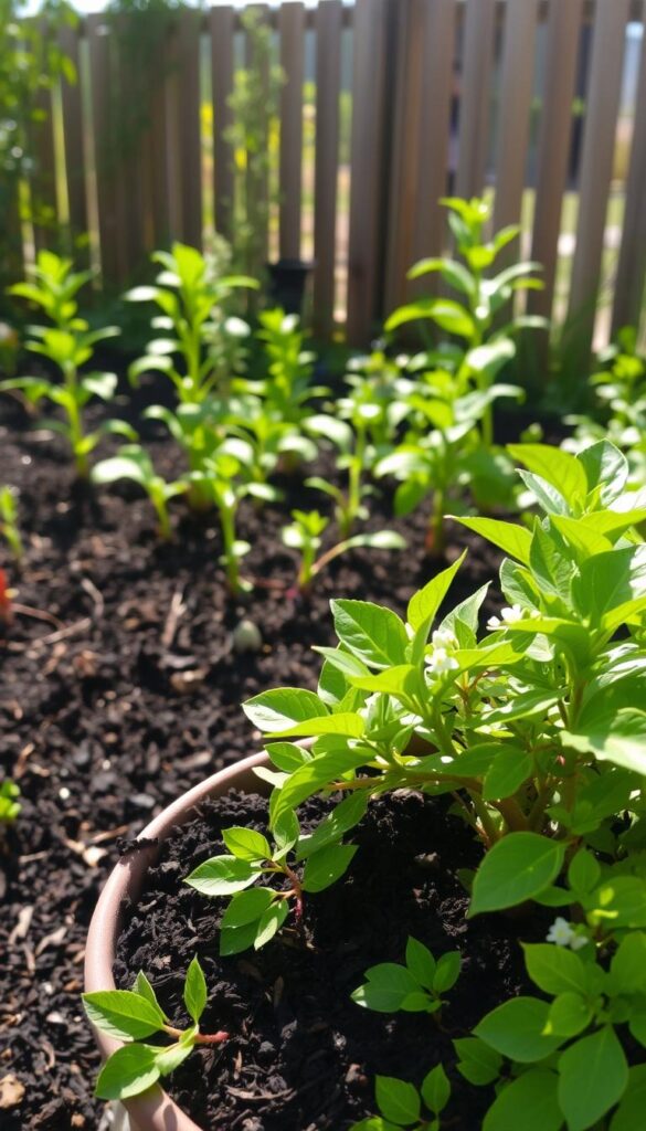 A lush, verdant garden scene showcasing the benefits of tea compost for plants. In the foreground, a flourishing potted plant with vibrant green leaves and delicate flowers, nourished by a layer of rich, dark tea compost. In the middle ground, a variety of healthy, thriving plants of different sizes and species, their roots and soil enveloped by the nutrient-dense tea compost. The background depicts a tranquil, sun-dappled outdoor setting, with a wooden fence and a hint of a serene garden landscape. The lighting is warm and natural, highlighting the vibrant colors and textures of the plants and the compost. The overall scene conveys the rejuvenating and nourishing power of tea compost, inspiring viewers to incorporate it into their own gardening practices. A lush, verdant garden scene showcasing the benefits of tea compost for plants. In the foreground, a flourishing potted plant with vibrant green leaves and delicate flowers, nourished by a layer of rich, dark tea compost. In the middle ground, a variety of healthy, thriving plants of different sizes and species, their roots and soil enveloped by the nutrient-dense tea compost. The background depicts a tranquil, sun-dappled outdoor setting, with a wooden fence and a hint of a serene garden landscape. The lighting is warm and natural, highlighting the vibrant colors and textures of the plants and the compost. The overall scene conveys the rejuvenating and nourishing power of tea compost, inspiring viewers to incorporate it into their own gardening practices.