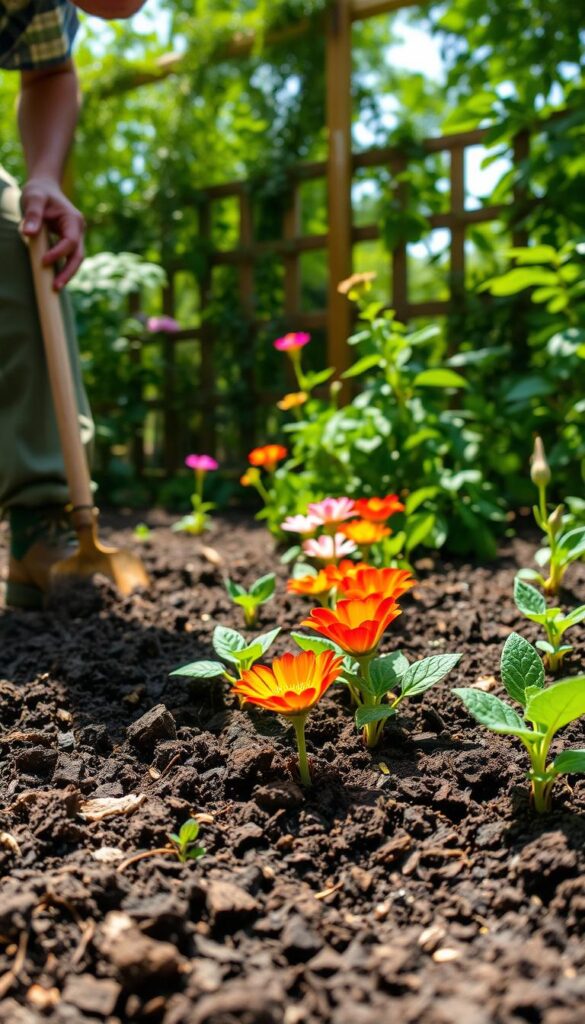 A lush, verdant garden scene with a focus on soil preparation for drought-resistant flowers. In the foreground, a person in gardening attire digging into rich, dark soil, carefully aerating and amending it with organic matter to improve drainage. The middle ground showcases vibrant, colorful blooms beginning to emerge, their roots firmly anchored in the well-cultivated earth. In the background, a wooden fence or trellis provides a natural frame, with dappled sunlight filtering through the foliage. The overall mood is one of tranquility and the promise of a thriving, sustainable garden landscape. A lush, verdant garden scene with a focus on soil preparation for drought-resistant flowers. In the foreground, a person in gardening attire digging into rich, dark soil, carefully aerating and amending it with organic matter to improve drainage. The middle ground showcases vibrant, colorful blooms beginning to emerge, their roots firmly anchored in the well-cultivated earth. In the background, a wooden fence or trellis provides a natural frame, with dappled sunlight filtering through the foliage. The overall mood is one of tranquility and the promise of a thriving, sustainable garden landscape.