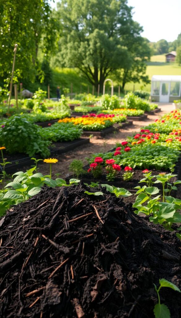 A lush, verdant garden scene, with a prominent compost pile in the foreground. The compost is dark, rich, and teeming with life, surrounded by thriving plants and flowers. In the middle ground, rows of neatly arranged garden beds, their soil enriched by the compost, showcase a bountiful harvest of vibrant vegetables and herbs. The background features a serene, sun-dappled landscape, with a picturesque shed or greenhouse adding to the sense of a well-tended, productive outdoor space. The lighting is warm and natural, capturing the beauty and importance of this essential garden element. A sense of harmony and growth pervades the scene, highlighting the vital role of compost in cultivating a thriving, sustainable garden. A lush, verdant garden scene, with a prominent compost pile in the foreground. The compost is dark, rich, and teeming with life, surrounded by thriving plants and flowers. In the middle ground, rows of neatly arranged garden beds, their soil enriched by the compost, showcase a bountiful harvest of vibrant vegetables and herbs. The background features a serene, sun-dappled landscape, with a picturesque shed or greenhouse adding to the sense of a well-tended, productive outdoor space. The lighting is warm and natural, capturing the beauty and importance of this essential garden element. A sense of harmony and growth pervades the scene, highlighting the vital role of compost in cultivating a thriving, sustainable garden.