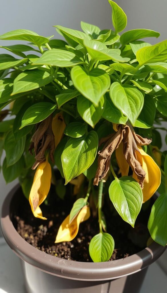 A lush, verdant potted plant with drooping, discolored leaves and waterlogged soil. The foliage appears wilted and yellowing, signs of excessive moisture. Captured in a soft, natural lighting that casts gentle shadows, emphasizing the plant's struggle. The frame focuses tightly on the affected areas, drawing the viewer's attention to the clear symptoms of over-watering. The image conveys a sense of concern and the need for corrective action, aligning with the article's goal of identifying and addressing this common horticultural issue. A lush, verdant potted plant with drooping, discolored leaves and waterlogged soil. The foliage appears wilted and yellowing, signs of excessive moisture. Captured in a soft, natural lighting that casts gentle shadows, emphasizing the plant's struggle. The frame focuses tightly on the affected areas, drawing the viewer's attention to the clear symptoms of over-watering. The image conveys a sense of concern and the need for corrective action, aligning with the article's goal of identifying and addressing this common horticultural issue.