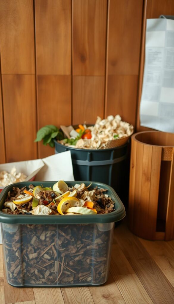 A neatly organized home composting setup, positioned against a warm, earthy backdrop. The foreground features a well-maintained bin, filled with decomposing organic matter, its contents visible through the transparent sides. In the middle ground, a variety of household compostable items are arranged, including fruit peels, vegetable scraps, and shredded paper. The background showcases a cozy, rustic setting, with wooden planks or a brick wall providing a natural, textured ambiance. The lighting is soft and diffused, casting a gentle glow over the scene, emphasizing the natural, sustainable nature of the composting process. The overall mood is one of simplicity, efficiency, and environmental responsibility. A neatly organized home composting setup, positioned against a warm, earthy backdrop. The foreground features a well-maintained bin, filled with decomposing organic matter, its contents visible through the transparent sides. In the middle ground, a variety of household compostable items are arranged, including fruit peels, vegetable scraps, and shredded paper. The background showcases a cozy, rustic setting, with wooden planks or a brick wall providing a natural, textured ambiance. The lighting is soft and diffused, casting a gentle glow over the scene, emphasizing the natural, sustainable nature of the composting process. The overall mood is one of simplicity, efficiency, and environmental responsibility.