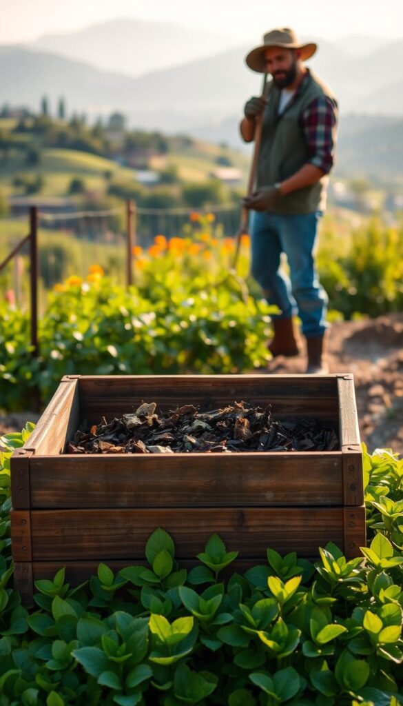 A tranquil garden scene showcasing the process of composting without the use of earthworms. In the foreground, a wooden compost bin sits atop a bed of lush green foliage, filled with decomposing organic matter. Mid-ground, a gardener tends to the bin, carefully mixing the contents with a pitchfork. The background features a serene landscape, with rolling hills, vibrant flora, and a hazy blue sky. Warm, diffused lighting casts a gentle glow over the entire scene, creating a peaceful and natural atmosphere. The composition emphasizes the simplicity and efficiency of composting without relying on earthworms, inviting the viewer to consider this sustainable gardening practice. A tranquil garden scene showcasing the process of composting without the use of earthworms. In the foreground, a wooden compost bin sits atop a bed of lush green foliage, filled with decomposing organic matter. Mid-ground, a gardener tends to the bin, carefully mixing the contents with a pitchfork. The background features a serene landscape, with rolling hills, vibrant flora, and a hazy blue sky. Warm, diffused lighting casts a gentle glow over the entire scene, creating a peaceful and natural atmosphere. The composition emphasizes the simplicity and efficiency of composting without relying on earthworms, inviting the viewer to consider this sustainable gardening practice.