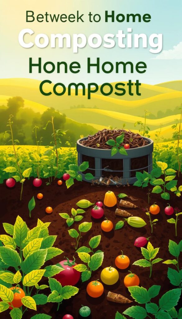 A vibrant and colorful illustration of the benefits of home composting. In the foreground, a lush garden flourishes, with various fruits and vegetables thriving in the rich, dark soil. In the middle ground, a compost bin overflows with decomposing organic matter, surrounded by healthy, happy plants. The background features a serene, sun-dappled landscape, with rolling hills and a clear blue sky. The lighting is warm and natural, casting a golden glow over the entire scene. The overall mood is one of harmony, sustainability, and the abundance that can be achieved through the simple practice of home composting. A vibrant and colorful illustration of the benefits of home composting. In the foreground, a lush garden flourishes, with various fruits and vegetables thriving in the rich, dark soil. In the middle ground, a compost bin overflows with decomposing organic matter, surrounded by healthy, happy plants. The background features a serene, sun-dappled landscape, with rolling hills and a clear blue sky. The lighting is warm and natural, casting a golden glow over the entire scene. The overall mood is one of harmony, sustainability, and the abundance that can be achieved through the simple practice of home composting.