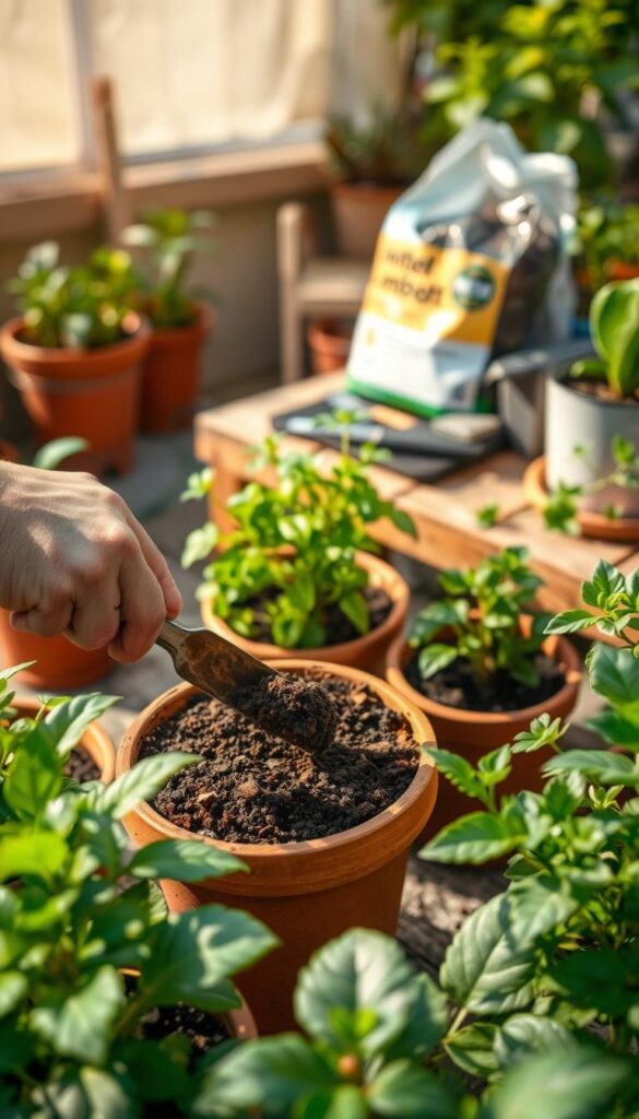 A vibrant and well-composed scene showcasing the proper techniques for applying compost to potted plants. In the foreground, a hand carefully incorporates finished compost into the soil of a terracotta pot, mixing it in with a trowel. The middle ground features a selection of lush, thriving potted plants, their leaves and stems casting soft shadows. In the background, a wooden garden table displays a variety of gardening tools and a bag of compost, hinting at the broader context. The lighting is warm and natural, accentuating the rich, earthy tones of the compost and the verdant greenery. The overall mood is one of thoughtful, deliberate gardening and the nurturing care required for healthy potted plants. A vibrant and well-composed scene showcasing the proper techniques for applying compost to potted plants. In the foreground, a hand carefully incorporates finished compost into the soil of a terracotta pot, mixing it in with a trowel. The middle ground features a selection of lush, thriving potted plants, their leaves and stems casting soft shadows. In the background, a wooden garden table displays a variety of gardening tools and a bag of compost, hinting at the broader context. The lighting is warm and natural, accentuating the rich, earthy tones of the compost and the verdant greenery. The overall mood is one of thoughtful, deliberate gardening and the nurturing care required for healthy potted plants.