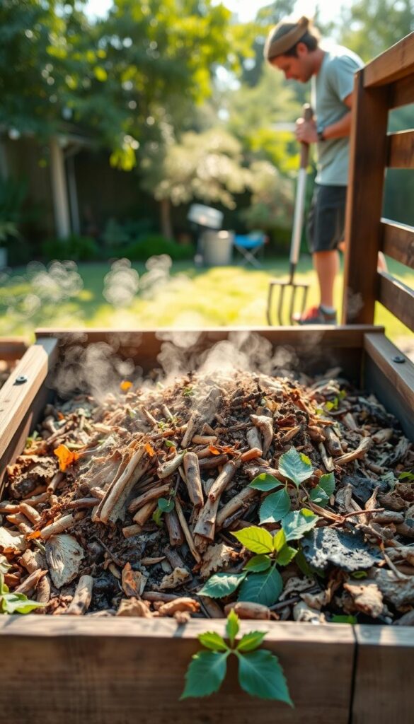 A vibrant, detailed image of a domestic composting process. In the foreground, an open wooden bin filled with organic matter, steam rising from the decomposing contents. Surrounding the bin, various kitchen scraps, leaves, and other compostable materials are neatly arranged. In the middle ground, a person in casual clothing carefully tends to the bin, using a pitchfork to aerate the mixture. The background depicts a well-lit, airy backyard or garden setting, with lush greenery and natural sunlight filtering through. The overall scene conveys a sense of tranquility, sustainability, and the cyclical nature of organic waste management. A vibrant, detailed image of a domestic composting process. In the foreground, an open wooden bin filled with organic matter, steam rising from the decomposing contents. Surrounding the bin, various kitchen scraps, leaves, and other compostable materials are neatly arranged. In the middle ground, a person in casual clothing carefully tends to the bin, using a pitchfork to aerate the mixture. The background depicts a well-lit, airy backyard or garden setting, with lush greenery and natural sunlight filtering through. The overall scene conveys a sense of tranquility, sustainability, and the cyclical nature of organic waste management.