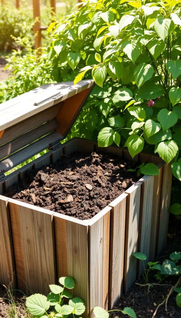 A weathered wooden storage container sits in a sunlit garden, filled with rich, earthy compost. The container's slats allow for proper air circulation, while a sturdy lid protects the compost from the elements. Nearby, verdant plants thrive, their leaves gently swaying in the breeze. The scene conveys a sense of sustainability and a connection to the natural world, inviting the viewer to consider the proper storage techniques for finished compost. A weathered wooden storage container sits in a sunlit garden, filled with rich, earthy compost. The container's slats allow for proper air circulation, while a sturdy lid protects the compost from the elements. Nearby, verdant plants thrive, their leaves gently swaying in the breeze. The scene conveys a sense of sustainability and a connection to the natural world, inviting the viewer to consider the proper storage techniques for finished compost.