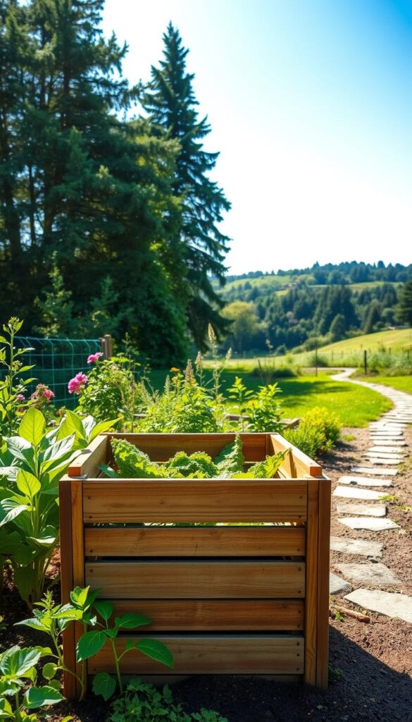 A well-designed and situated compost bin, nestled in a lush, verdant garden. The foreground features the bin itself, a sturdy wooden structure with a slatted design that allows for optimal airflow and drainage. The middle ground showcases a diverse array of thriving plants, including leafy greens, vibrant flowers, and rich, loamy soil. In the background, a tranquil, sun-dappled scene unfolds, with a stone path winding through a verdant landscape, framed by towering trees and a clear, azure sky. The overall atmosphere is one of harmony, sustainability, and a seamless integration of nature and human endeavor. A well-designed and situated compost bin, nestled in a lush, verdant garden. The foreground features the bin itself, a sturdy wooden structure with a slatted design that allows for optimal airflow and drainage. The middle ground showcases a diverse array of thriving plants, including leafy greens, vibrant flowers, and rich, loamy soil. In the background, a tranquil, sun-dappled scene unfolds, with a stone path winding through a verdant landscape, framed by towering trees and a clear, azure sky. The overall atmosphere is one of harmony, sustainability, and a seamless integration of nature and human endeavor.