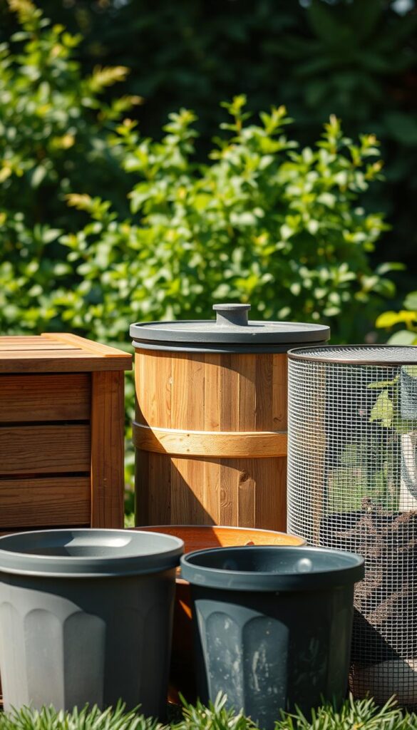 A well-lit, close-up photograph of a variety of composting containers, including a traditional wooden bin, a plastic tumbler, and a wire mesh enclosure. The containers are neatly arranged in the foreground, showcasing their different designs and materials. The middle ground features a lush, verdant garden backdrop, hinting at the ideal placement for these composting solutions. The lighting is soft and natural, casting gentle shadows that accentuate the textures and details of the containers. The overall mood is one of order, sustainability, and the harmonious integration of composting into a thriving outdoor space. A well-lit, close-up photograph of a variety of composting containers, including a traditional wooden bin, a plastic tumbler, and a wire mesh enclosure. The containers are neatly arranged in the foreground, showcasing their different designs and materials. The middle ground features a lush, verdant garden backdrop, hinting at the ideal placement for these composting solutions. The lighting is soft and natural, casting gentle shadows that accentuate the textures and details of the containers. The overall mood is one of order, sustainability, and the harmonious integration of composting into a thriving outdoor space.