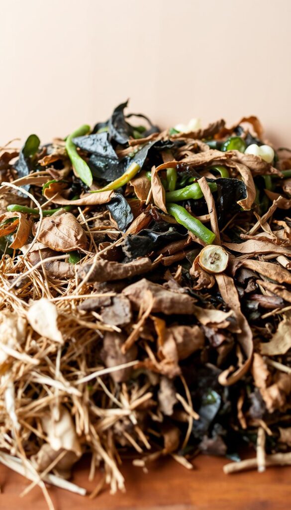 A well-lit, close-up photograph of an assortment of dried and moist organic materials commonly used for composting, arranged on a wooden surface. In the foreground, a mix of dried leaves, hay, and straw in varying shades of brown and tan. In the middle ground, several types of wet, dark green and brown plant matter, such as vegetable scraps, grass clippings, and fruit peels. The background features a neutral, soft-focus backdrop that allows the textures and colors of the composting materials to be the focal point. The lighting is natural and diffused, creating a warm, earthy tone that enhances the organic qualities of the subject matter. A well-lit, close-up photograph of an assortment of dried and moist organic materials commonly used for composting, arranged on a wooden surface. In the foreground, a mix of dried leaves, hay, and straw in varying shades of brown and tan. In the middle ground, several types of wet, dark green and brown plant matter, such as vegetable scraps, grass clippings, and fruit peels. The background features a neutral, soft-focus backdrop that allows the textures and colors of the composting materials to be the focal point. The lighting is natural and diffused, creating a warm, earthy tone that enhances the organic qualities of the subject matter.