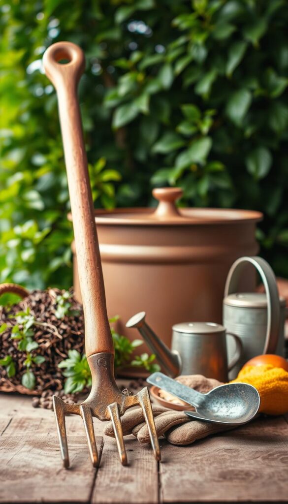 A well-lit, detailed still life arrangement showcasing the essential tools for composting. In the foreground, a sturdy pitchfork, a hand trowel, and a pair of gardening gloves rest atop a wooden surface. In the middle ground, a large bin or tumbler composter in an earthy tone sits next to a small watering can. In the background, lush greenery frames the scene, hinting at a thriving garden. The overall mood is one of productivity and sustainability, with a focus on the practical tools needed to maintain a successful compost pile. A well-lit, detailed still life arrangement showcasing the essential tools for composting. In the foreground, a sturdy pitchfork, a hand trowel, and a pair of gardening gloves rest atop a wooden surface. In the middle ground, a large bin or tumbler composter in an earthy tone sits next to a small watering can. In the background, lush greenery frames the scene, hinting at a thriving garden. The overall mood is one of productivity and sustainability, with a focus on the practical tools needed to maintain a successful compost pile.