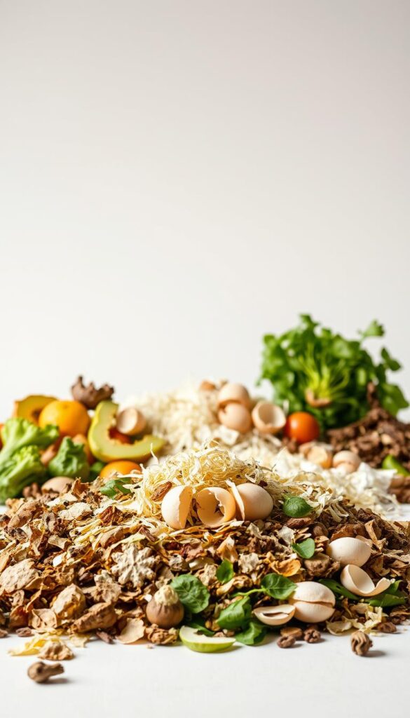 A well-lit, high-resolution image of a variety of organic materials suitable for home composting, set against a clean, neutral background. The foreground features a diverse selection of plant-based waste such as dried leaves, fruit and vegetable scraps, eggshells, and shredded paper. The middle ground showcases a few small piles of these materials, arranged neatly to demonstrate their ideal size and composition for effective composting. The background has a subtle, soft-focus texture to draw attention to the main composting elements. The overall mood is educational, informative, and visually appealing, capturing the essence of domestic composting materials. A well-lit, high-resolution image of a variety of organic materials suitable for home composting, set against a clean, neutral background. The foreground features a diverse selection of plant-based waste such as dried leaves, fruit and vegetable scraps, eggshells, and shredded paper. The middle ground showcases a few small piles of these materials, arranged neatly to demonstrate their ideal size and composition for effective composting. The background has a subtle, soft-focus texture to draw attention to the main composting elements. The overall mood is educational, informative, and visually appealing, capturing the essence of domestic composting materials.