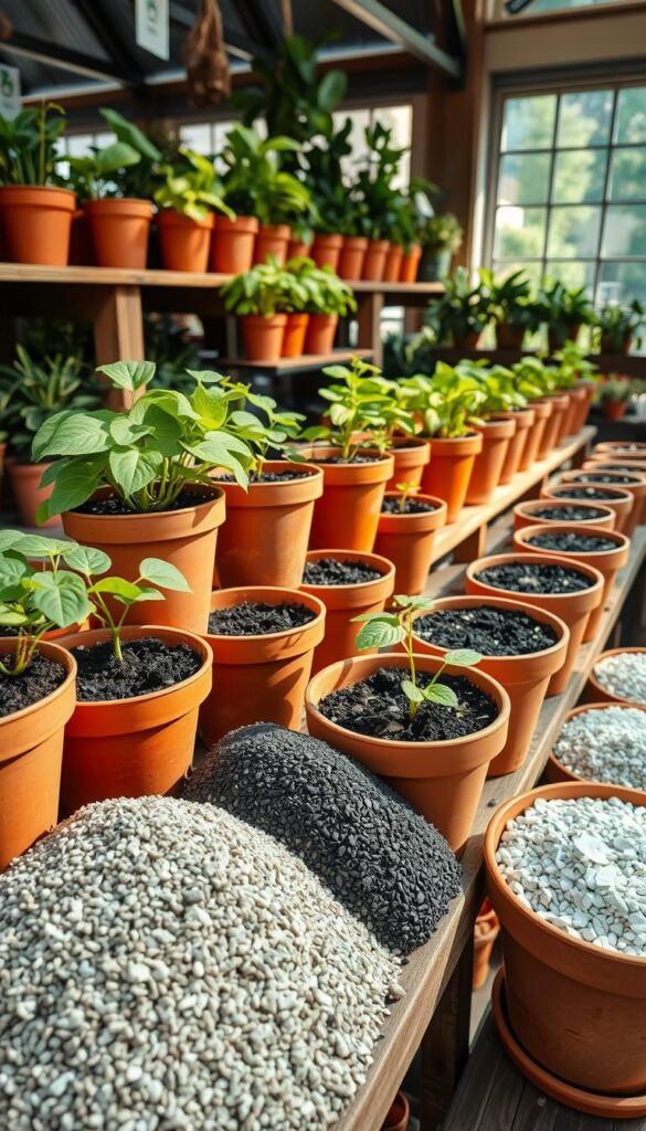 A well-lit, high-resolution photograph of a garden center display showcasing a variety of terracotta pots filled with thriving plants. The pots are arranged on wooden shelves, with a focus on the different soil and drainage materials used, such as gravel, perlite, and charcoal. The scene has a warm, inviting atmosphere, with natural lighting filtering through a large window, casting soft shadows and highlighting the textures of the materials. The overall composition draws the viewer's attention to the importance of proper drainage and substrate selection for healthy potted plants. A well-lit, high-resolution photograph of a garden center display showcasing a variety of terracotta pots filled with thriving plants. The pots are arranged on wooden shelves, with a focus on the different soil and drainage materials used, such as gravel, perlite, and charcoal. The scene has a warm, inviting atmosphere, with natural lighting filtering through a large window, casting soft shadows and highlighting the textures of the materials. The overall composition draws the viewer's attention to the importance of proper drainage and substrate selection for healthy potted plants.