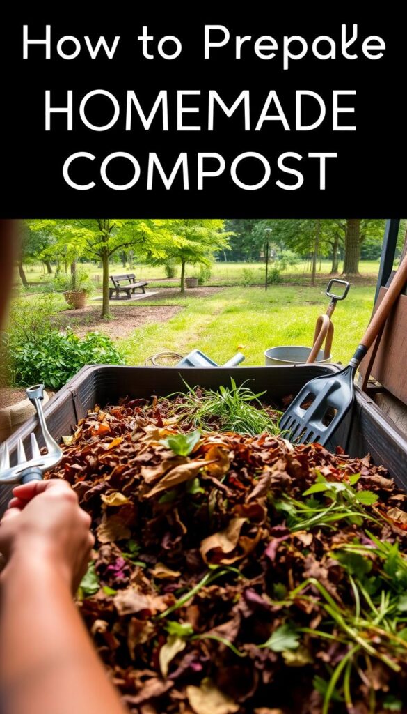 A well-lit, step-by-step tutorial on how to prepare homemade compost. The foreground shows a person mixing organic materials like vegetable scraps, dried leaves, and grass clippings in a large composting bin. The middle ground features various tools like pitchforks, shovels, and a watering can. The background depicts a lush, green garden setting with trees and a bright, overcast sky, creating a serene, earthy atmosphere. The overall lighting is natural and diffused, highlighting the textures and colors of the organic matter. The camera angle is slightly elevated to provide a clear, informative view of the composting process. A well-lit, step-by-step tutorial on how to prepare homemade compost. The foreground shows a person mixing organic materials like vegetable scraps, dried leaves, and grass clippings in a large composting bin. The middle ground features various tools like pitchforks, shovels, and a watering can. The background depicts a lush, green garden setting with trees and a bright, overcast sky, creating a serene, earthy atmosphere. The overall lighting is natural and diffused, highlighting the textures and colors of the organic matter. The camera angle is slightly elevated to provide a clear, informative view of the composting process.