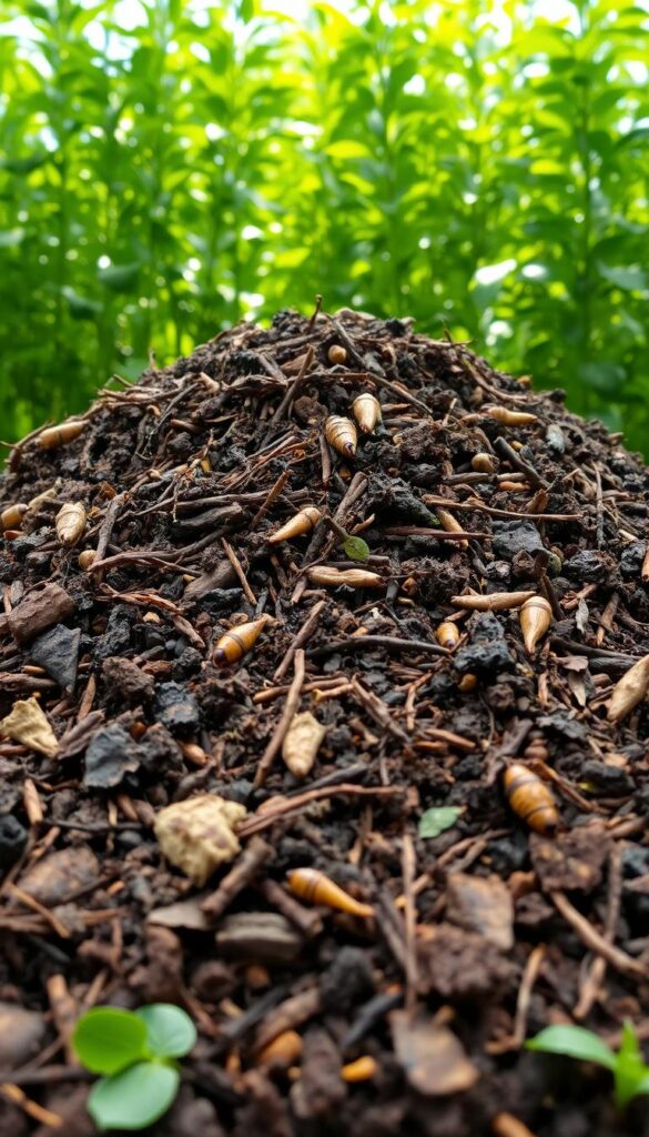 A well-maintained compost pile in a lush, verdant garden. The foreground showcases a vibrant mix of decaying organic matter, with shades of brown, black, and earthy tones. In the middle ground, a diverse array of microorganisms and beneficial insects work tirelessly to break down the materials, creating a rich, nutrient-dense soil. The background features a backdrop of lush, green foliage, casting a warm, natural light over the scene. The composition is balanced, with a sense of harmony and order, reflecting the careful curation of a healthy compost system. The image conveys a sense of productivity, sustainability, and the cycle of life in a thriving, organic ecosystem. A well-maintained compost pile in a lush, verdant garden. The foreground showcases a vibrant mix of decaying organic matter, with shades of brown, black, and earthy tones. In the middle ground, a diverse array of microorganisms and beneficial insects work tirelessly to break down the materials, creating a rich, nutrient-dense soil. The background features a backdrop of lush, green foliage, casting a warm, natural light over the scene. The composition is balanced, with a sense of harmony and order, reflecting the careful curation of a healthy compost system. The image conveys a sense of productivity, sustainability, and the cycle of life in a thriving, organic ecosystem.
