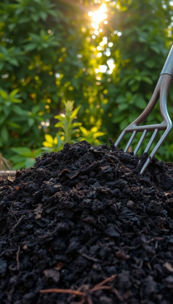 A well-organized compost pile, its contents neatly layered and compact, rests in the foreground. Sunlight filters through lush greenery in the background, casting a warm, earthy glow. The compost appears dark and crumbly, ready for storage. A metal pitchfork leans against the side, hinting at the careful preparation that went into this finished product. The scene conveys a sense of balance and completion, inviting the viewer to envision the compost's next stage of its life cycle. A well-organized compost pile, its contents neatly layered and compact, rests in the foreground. Sunlight filters through lush greenery in the background, casting a warm, earthy glow. The compost appears dark and crumbly, ready for storage. A metal pitchfork leans against the side, hinting at the careful preparation that went into this finished product. The scene conveys a sense of balance and completion, inviting the viewer to envision the compost's next stage of its life cycle.