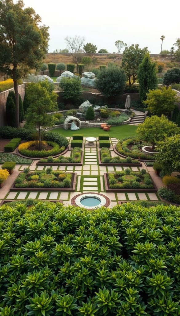 Functional garden plan, showcasing a meticulously organized outdoor space. Lush greenery fills the foreground, with neatly arranged garden beds, walkways, and water features. The middle ground features a balanced layout of shrubs, trees, and seating areas, creating a harmonious flow. In the background, a subtle slope and natural elements like boulders and rock formations provide depth and visual interest. Warm, diffused lighting casts a soft glow, accentuating the tranquil atmosphere. The composition emphasizes functionality, practicality, and aesthetics, making it an ideal reference for the "Elaboration of the plan and zoning" section of the article. Functional garden plan, showcasing a meticulously organized outdoor space. Lush greenery fills the foreground, with neatly arranged garden beds, walkways, and water features. The middle ground features a balanced layout of shrubs, trees, and seating areas, creating a harmonious flow. In the background, a subtle slope and natural elements like boulders and rock formations provide depth and visual interest. Warm, diffused lighting casts a soft glow, accentuating the tranquil atmosphere. The composition emphasizes functionality, practicality, and aesthetics, making it an ideal reference for the "Elaboration of the plan and zoning" section of the article.