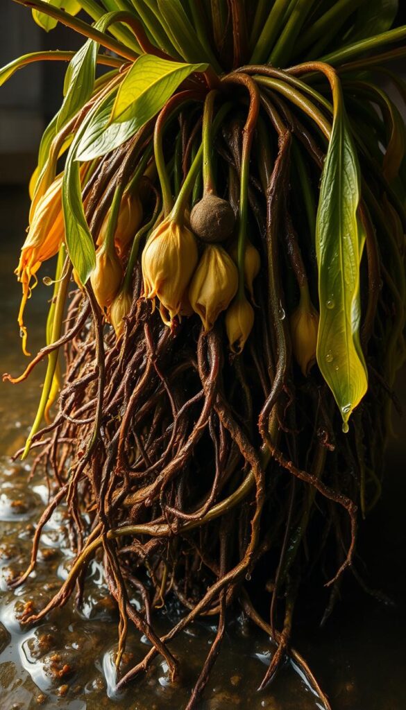 Lush, overgrown roots entangled in a waterlogged soil, creating a chaotic tangle of decay. Shriveled, yellowing leaves droop from a stunted plant, its once-vibrant green hues faded. Droplets of excess moisture cling to the wilting stems, casting a hazy, humid atmosphere. Warm, diffused lighting illuminates the scene, casting long shadows and emphasizing the unhealthy, saturated conditions. The overall mood is one of distress and neglect, highlighting the detrimental effects of overwatering on plant health and vitality. Lush, overgrown roots entangled in a waterlogged soil, creating a chaotic tangle of decay. Shriveled, yellowing leaves droop from a stunted plant, its once-vibrant green hues faded. Droplets of excess moisture cling to the wilting stems, casting a hazy, humid atmosphere. Warm, diffused lighting illuminates the scene, casting long shadows and emphasizing the unhealthy, saturated conditions. The overall mood is one of distress and neglect, highlighting the detrimental effects of overwatering on plant health and vitality.