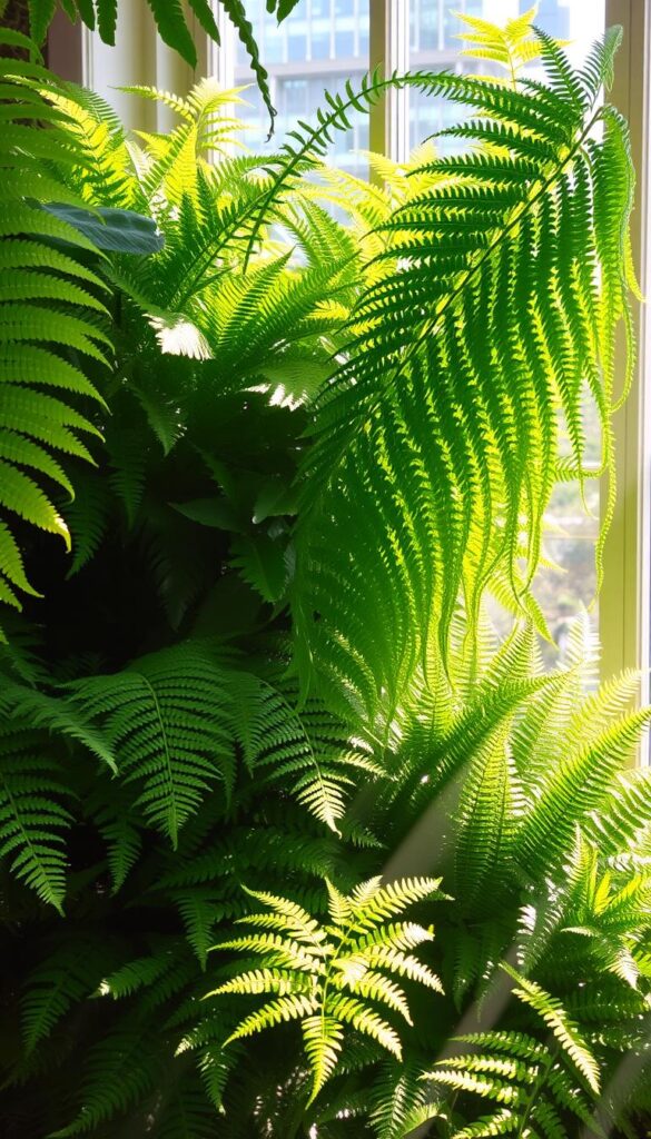 A lush, ornamental indoor fern garden bathed in soft, natural light. The vibrant, verdant fronds of multiple fern species cascade gracefully, creating a serene, natural tableau. Delicate, feathery leaves in shades of emerald and sage are arranged in a harmonious composition, evoking the tranquility of a woodland glen. Rays of warm, golden light filter through a large window, casting a gentle glow and lending an air of tranquility to the scene. The ferns are positioned to draw the eye inwards, fostering a sense of calm contemplation. This image captures the inherent beauty and versatility of decorative indoor ferns, perfectly suited to illustrate the introduction of an article on their care. A lush, ornamental indoor fern garden bathed in soft, natural light. The vibrant, verdant fronds of multiple fern species cascade gracefully, creating a serene, natural tableau. Delicate, feathery leaves in shades of emerald and sage are arranged in a harmonious composition, evoking the tranquility of a woodland glen. Rays of warm, golden light filter through a large window, casting a gentle glow and lending an air of tranquility to the scene. The ferns are positioned to draw the eye inwards, fostering a sense of calm contemplation. This image captures the inherent beauty and versatility of decorative indoor ferns, perfectly suited to illustrate the introduction of an article on their care.
