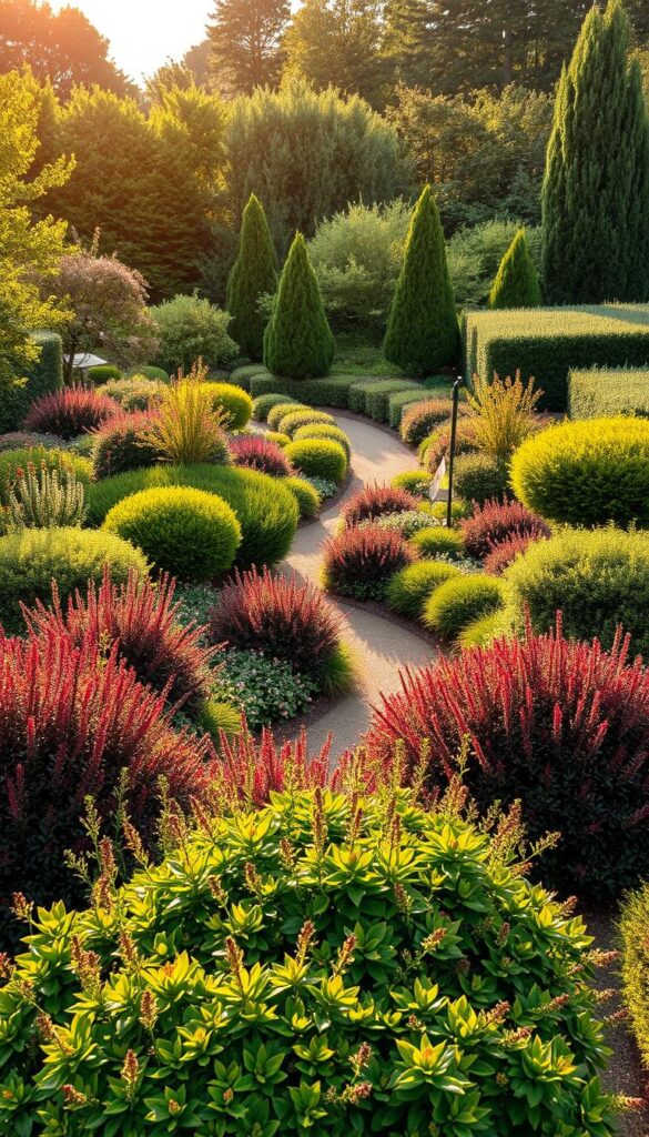 A lush, varied garden showcasing an abundance of resilient, perennial shrubs. In the foreground, a mix of colorful, well-trimmed bushes in diverse shapes and sizes, casting soft, natural shadows. The middle ground features a gentle path winding through the greenery, inviting exploration. In the background, a harmonious blend of taller, stately shrubs and trees, creating depth and a sense of tranquility. Warm, diffused sunlight filters through the foliage, casting a serene, inspiring ambiance. The overall composition is visually striking, highlighting the beauty and diversity that can be achieved in a well-designed, perennial garden. A lush, varied garden showcasing an abundance of resilient, perennial shrubs. In the foreground, a mix of colorful, well-trimmed bushes in diverse shapes and sizes, casting soft, natural shadows. The middle ground features a gentle path winding through the greenery, inviting exploration. In the background, a harmonious blend of taller, stately shrubs and trees, creating depth and a sense of tranquility. Warm, diffused sunlight filters through the foliage, casting a serene, inspiring ambiance. The overall composition is visually striking, highlighting the beauty and diversity that can be achieved in a well-designed, perennial garden.