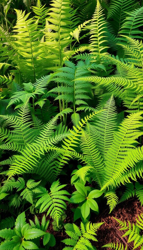 A lush, verdant display of diverse fern species, capturing the unique characteristics of these ancient, enchanting plants. In the foreground, intricate fronds in a variety of shapes and shades of green sway gently, casting delicate shadows on the earthy substrate below. In the middle ground, taller ferns with graceful, arching stems rise up, their delicate pinnae filtering the warm, diffused light filtering through the canopy. In the background, a dense, layered tapestry of ferns in diverse hues, from deep emerald to pale lime, creates a sense of depth and abundance. The scene is bathed in a soft, natural illumination, highlighting the delicate, intricate textures and forms of these captivating, prehistoric plants. A lush, verdant display of diverse fern species, capturing the unique characteristics of these ancient, enchanting plants. In the foreground, intricate fronds in a variety of shapes and shades of green sway gently, casting delicate shadows on the earthy substrate below. In the middle ground, taller ferns with graceful, arching stems rise up, their delicate pinnae filtering the warm, diffused light filtering through the canopy. In the background, a dense, layered tapestry of ferns in diverse hues, from deep emerald to pale lime, creates a sense of depth and abundance. The scene is bathed in a soft, natural illumination, highlighting the delicate, intricate textures and forms of these captivating, prehistoric plants.