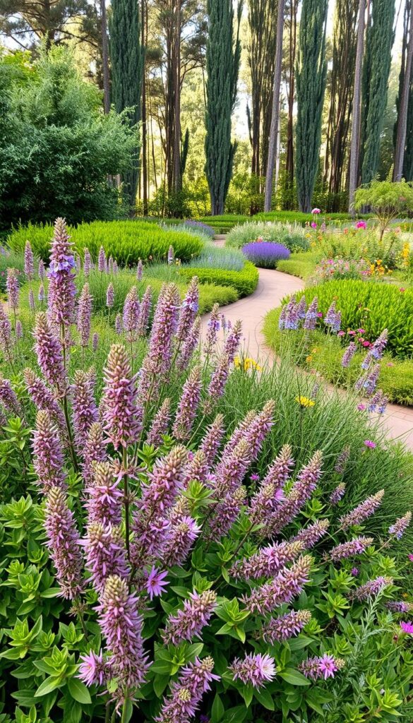 A lush, verdant ecological garden showcasing a diverse array of resilient shrubs. The foreground features a cluster of vibrant, drought-tolerant bushes in shades of green, purple, and pink, their foliage gently swaying in a soft breeze. The middle ground reveals a path winding through the garden, flanked by more hardy shrubs and interspersed with colorful wildflowers. In the background, a row of tall, slender trees create a natural canopy, casting dappled sunlight across the scene. The overall atmosphere exudes a sense of tranquility and harmony, highlighting the beauty and resilience of climate-resistant shrubbery. A lush, verdant ecological garden showcasing a diverse array of resilient shrubs. The foreground features a cluster of vibrant, drought-tolerant bushes in shades of green, purple, and pink, their foliage gently swaying in a soft breeze. The middle ground reveals a path winding through the garden, flanked by more hardy shrubs and interspersed with colorful wildflowers. In the background, a row of tall, slender trees create a natural canopy, casting dappled sunlight across the scene. The overall atmosphere exudes a sense of tranquility and harmony, highlighting the beauty and resilience of climate-resistant shrubbery.